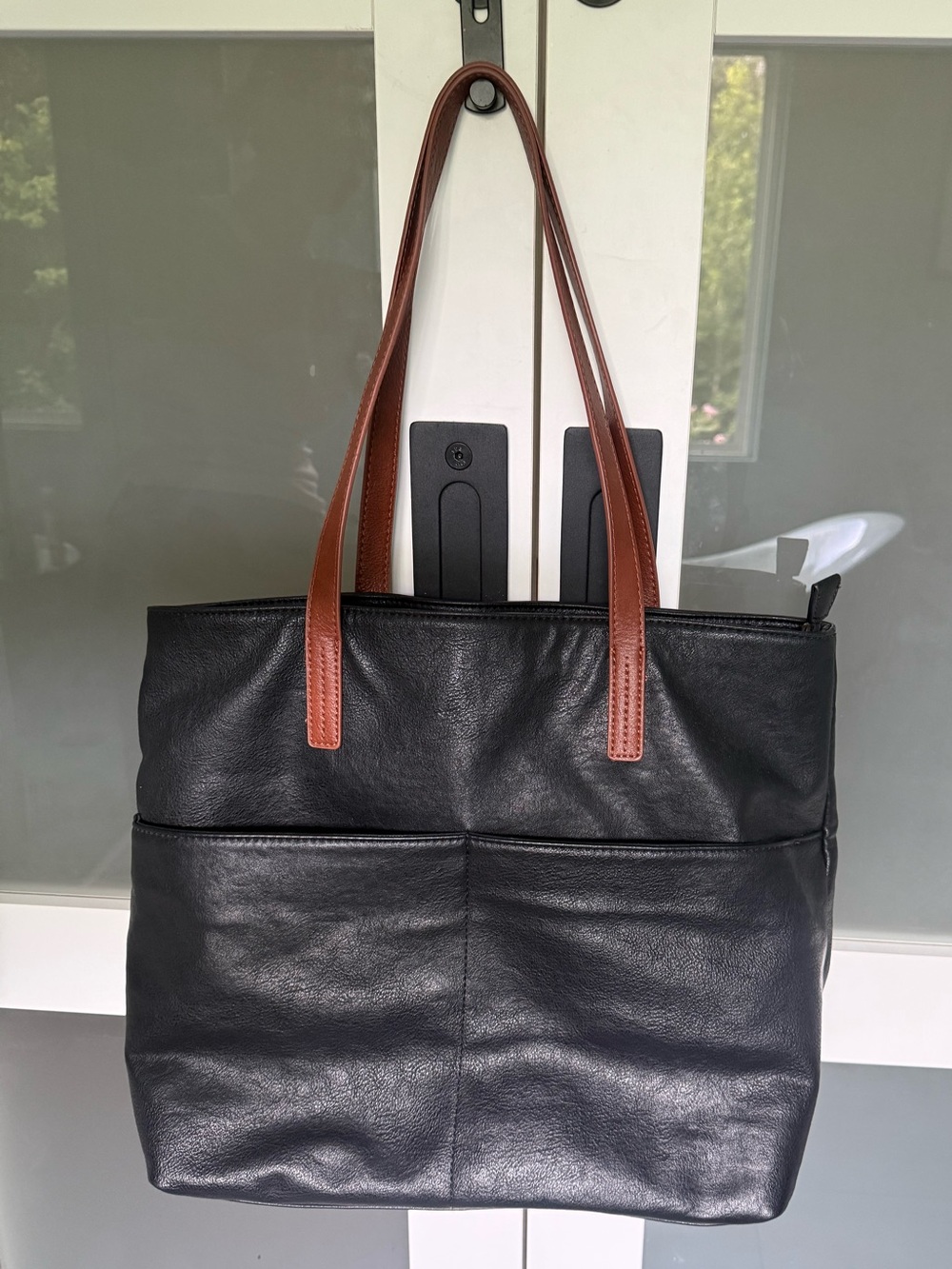 Large Black Tote with Brown Handles
